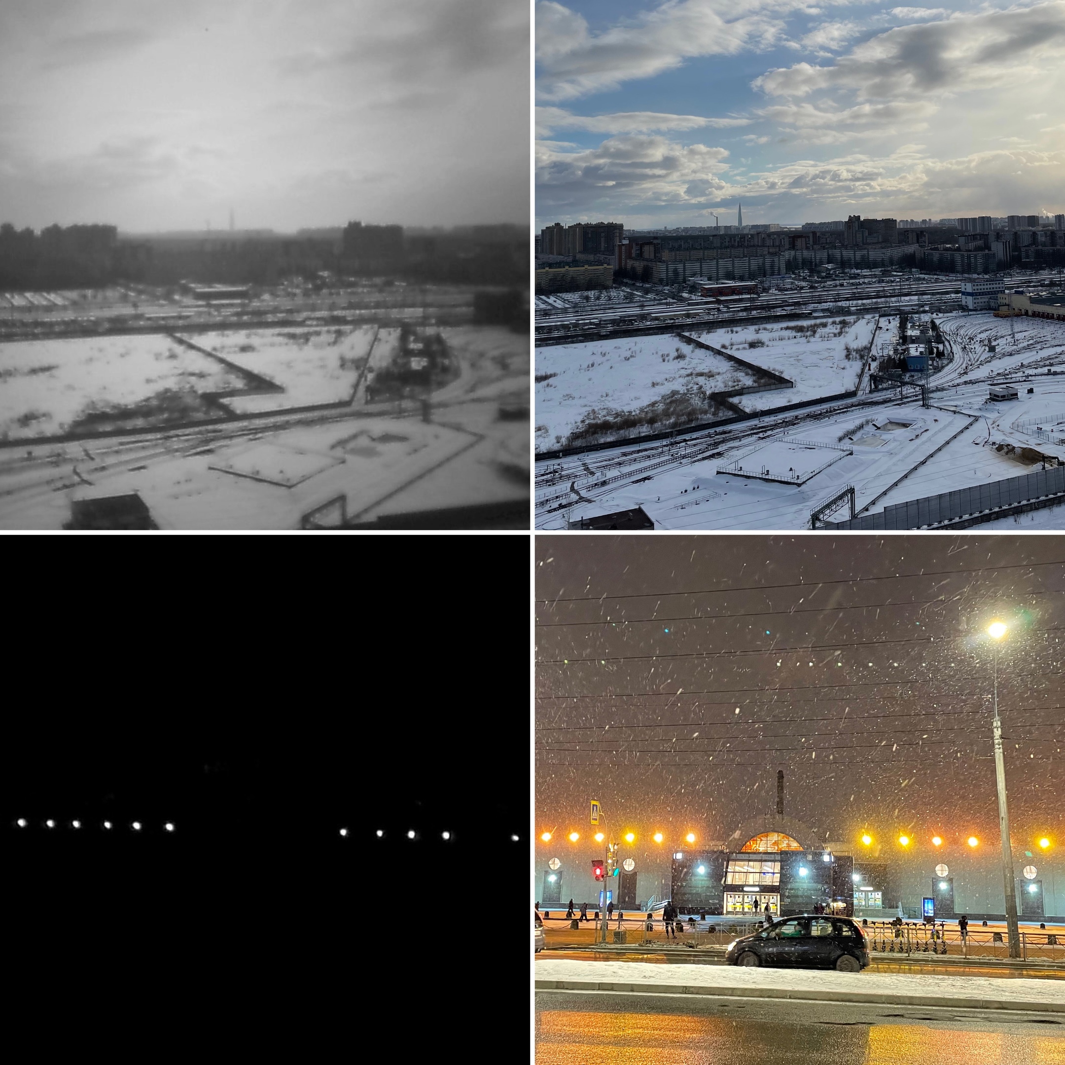Слева - снимки на ультрафиолетовую камеру, справа - снимки на обычную камеру, сверху - дневной пейзаж, снизу - ночной