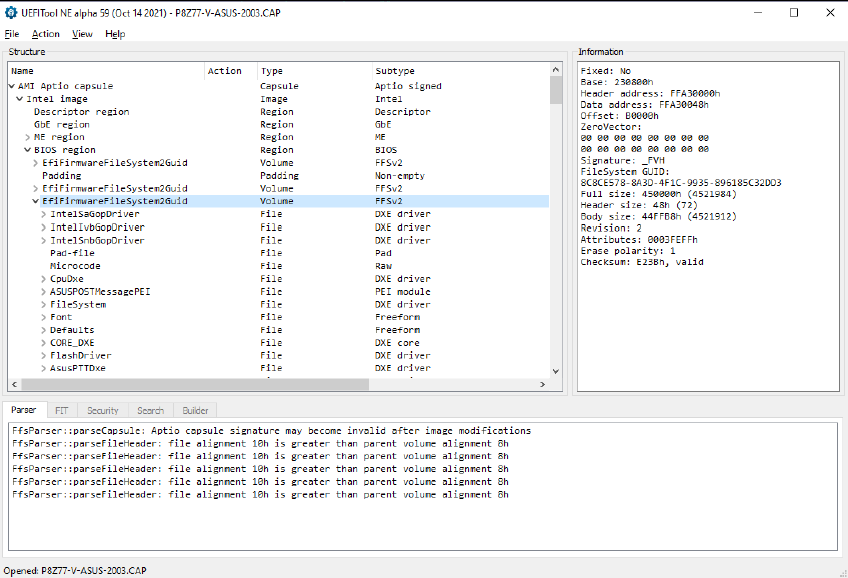 Файл прошивки Asus, открытый в UEFI Tool