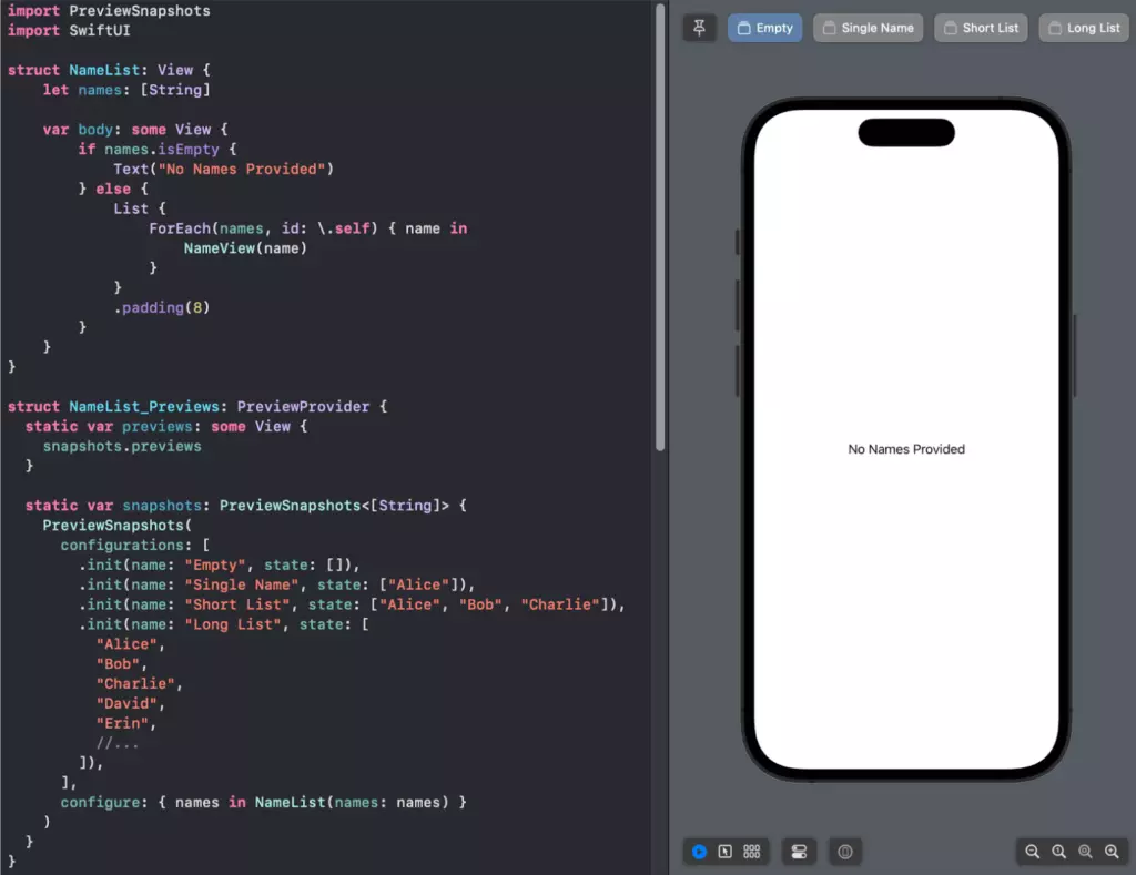Rice.  3. An Xcode editor showing SwiftUI View code using PreviewSnapshots to generate Xcode Previews for four different input states, along with an Xcode Preview window displaying a view using each of those states.