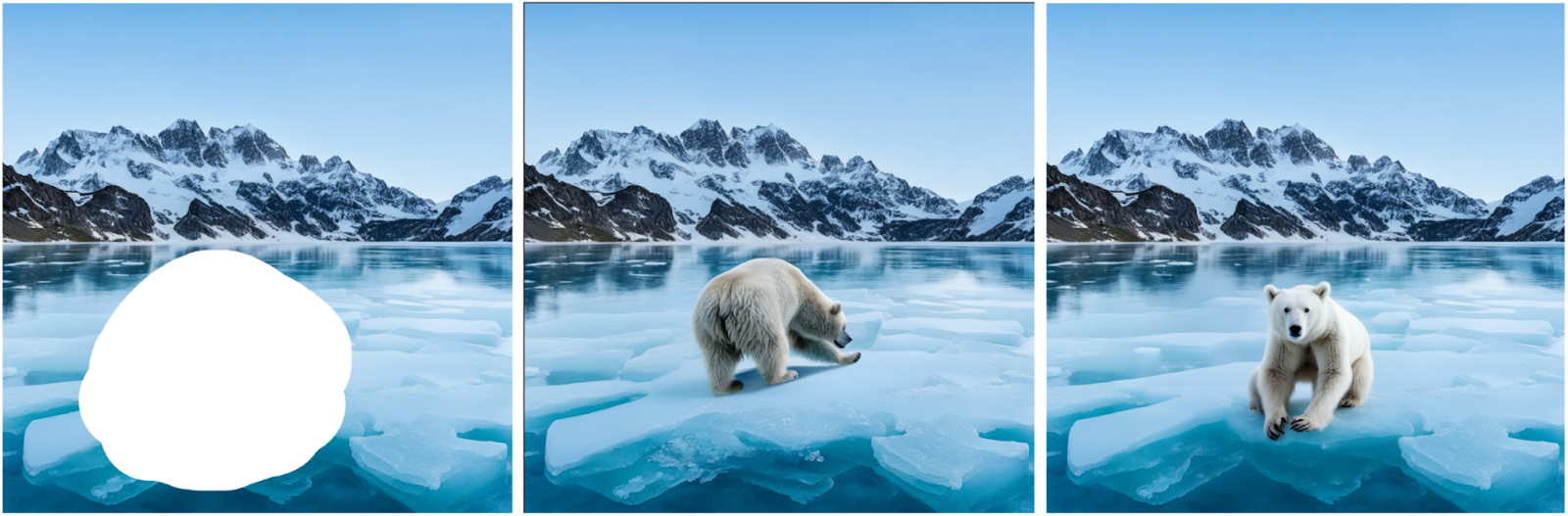 a white bear sitting on the ice (masked_image / Kandinsky 3.0 / Kandinsky 3.1)