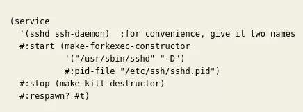 Вот так страшно и ужасно выглядит написание сервисов для GNU Shepherd. Это Scheme.