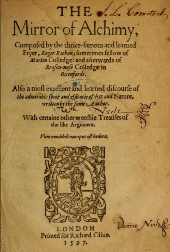 Это титульный лист трактата Роджера Бэкона «Зеркало алхимии». Одно из первых изданий, которые сохранились.  