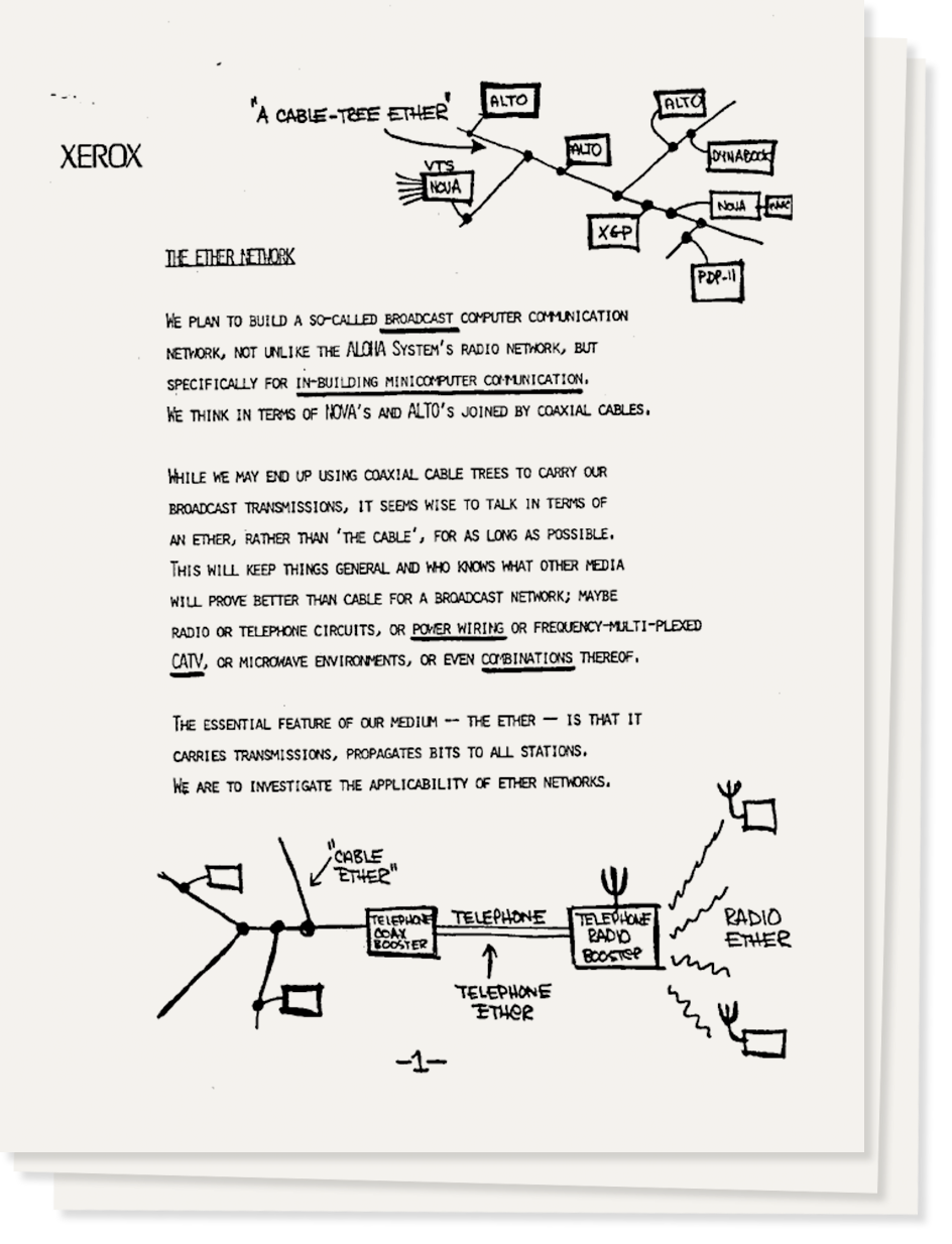 Первая страница меморандума от мая 1973 года, в котором Меткалф изложил свое видение Ethernet. 