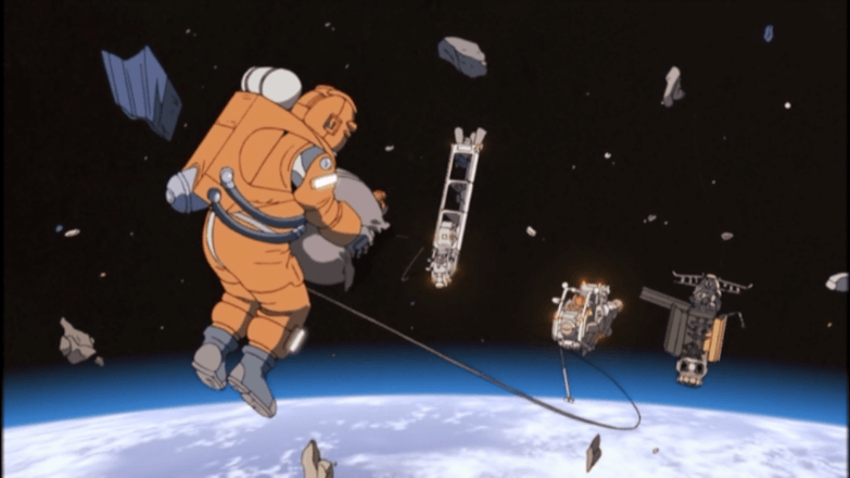 Кадр из аниме Planetes («Странники»), в котором у каждой компании, которая работает в космосе, должен быть отдел по расчистке мусора
