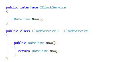 Рисунок 8 : ClockService реализует интерфейс с одним методом методом Now, который можно мокнуть в рамках модульного тестирования.