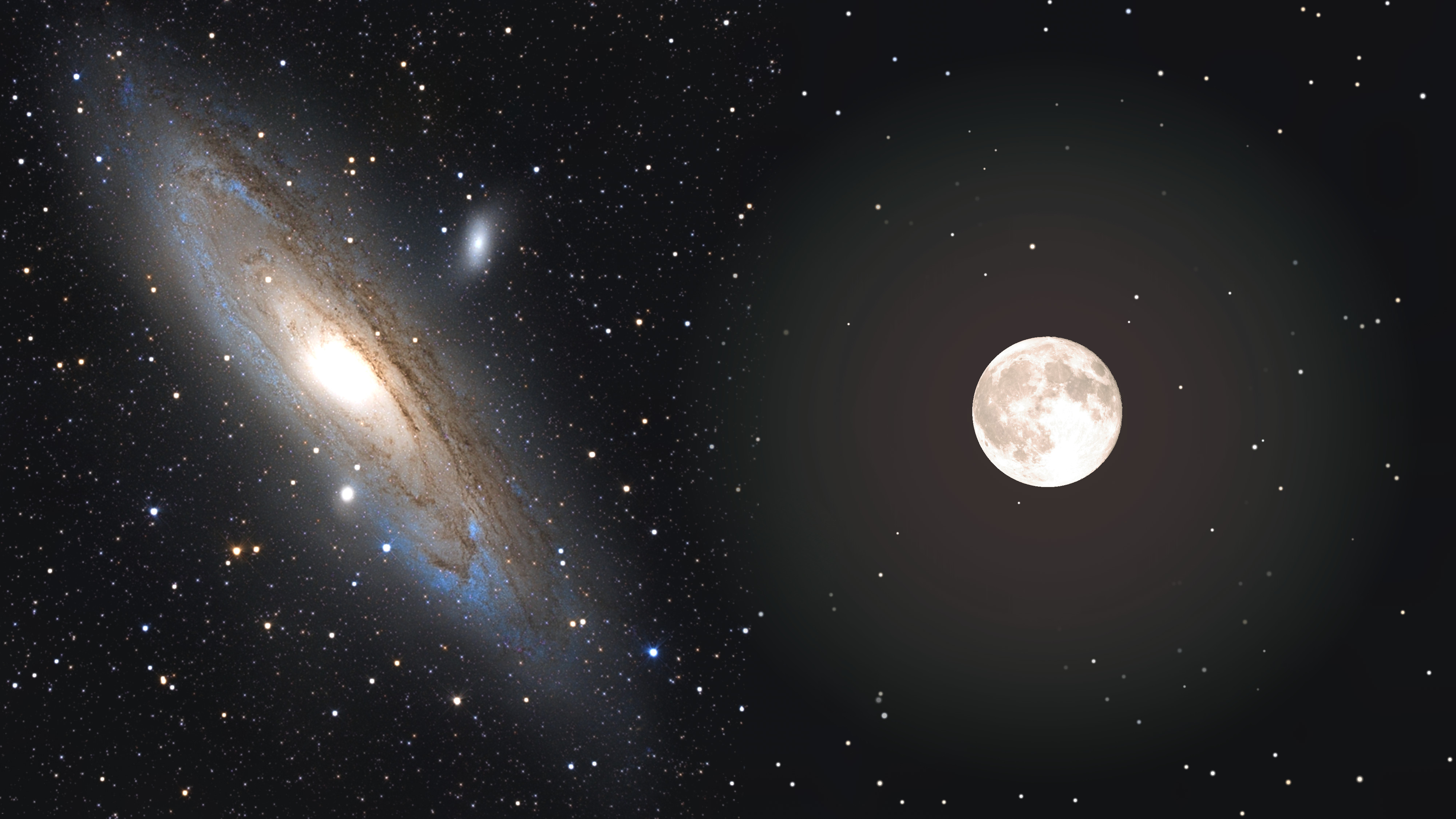 Показаны сравнительные видимые с Земли размеры галактики Андромеды и Луны — в едином масштабе. Но Луна никогда не бывает видна на небе вблизи этой галактики  