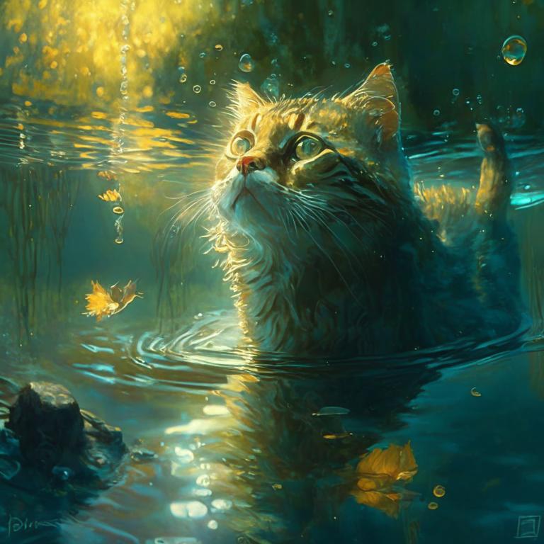 @eaglehaast: some sort of cat in the water, in the style of realistic and hyper-detailed renderings, dmitry spiros, green and amber, luke fildes, mikko lagerstedt, commission for, realistic lighting