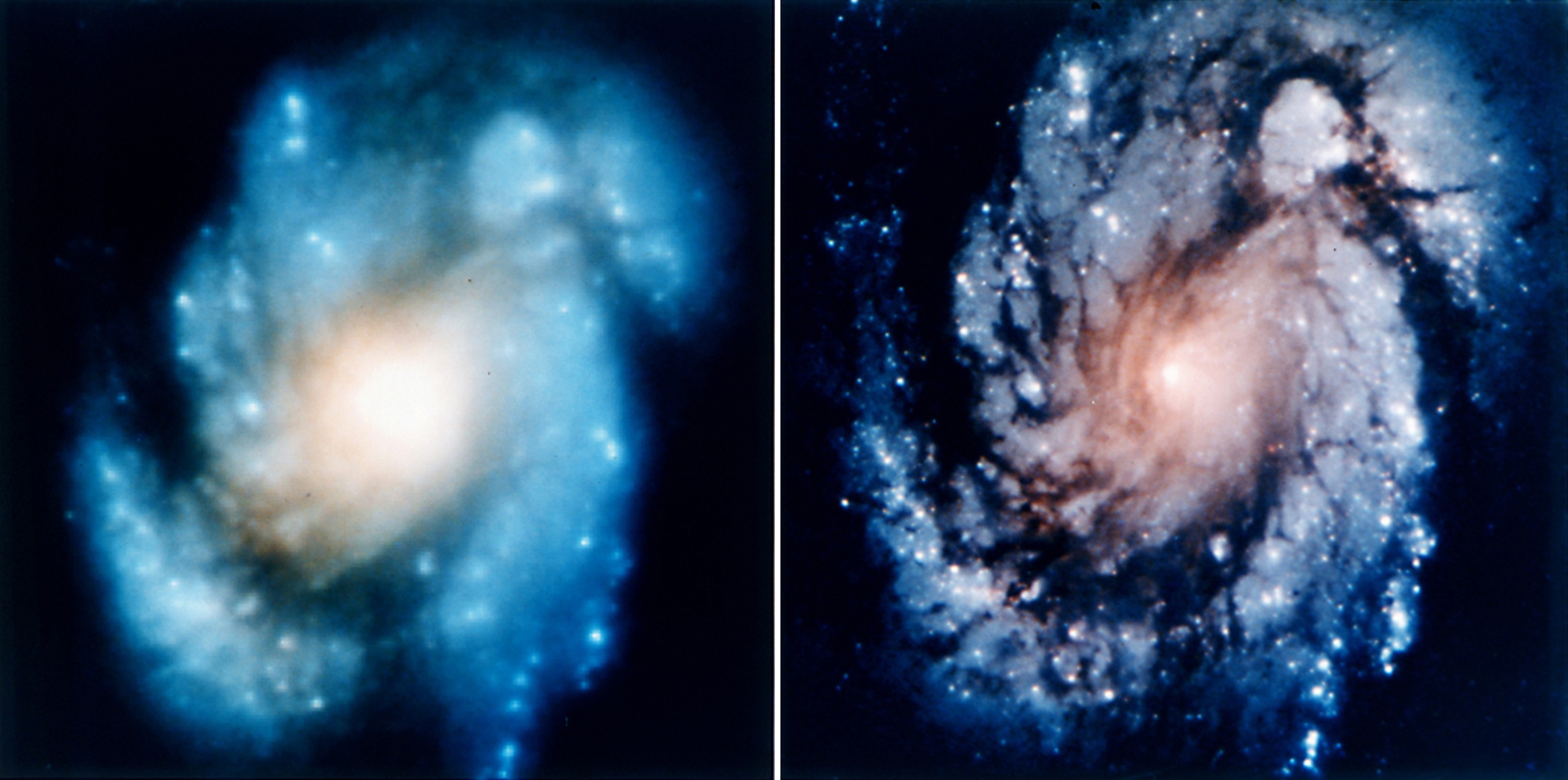 Сравнительное изображение ядра галактики M100 показывает значительное улучшение взора космического телескопа Хаббл на Вселенную после первой миссии Hubble Servicing Mission в декабре 1993 года