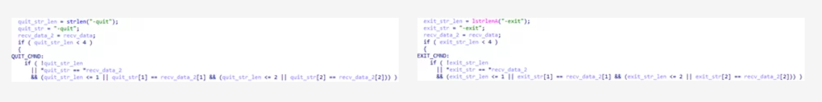 Фрагмент псевдокода обработки (получения) команды "-quit" в образце Webdav-O (слева) и "-exit" в образце BlueTraveller (RemShell) (справа)