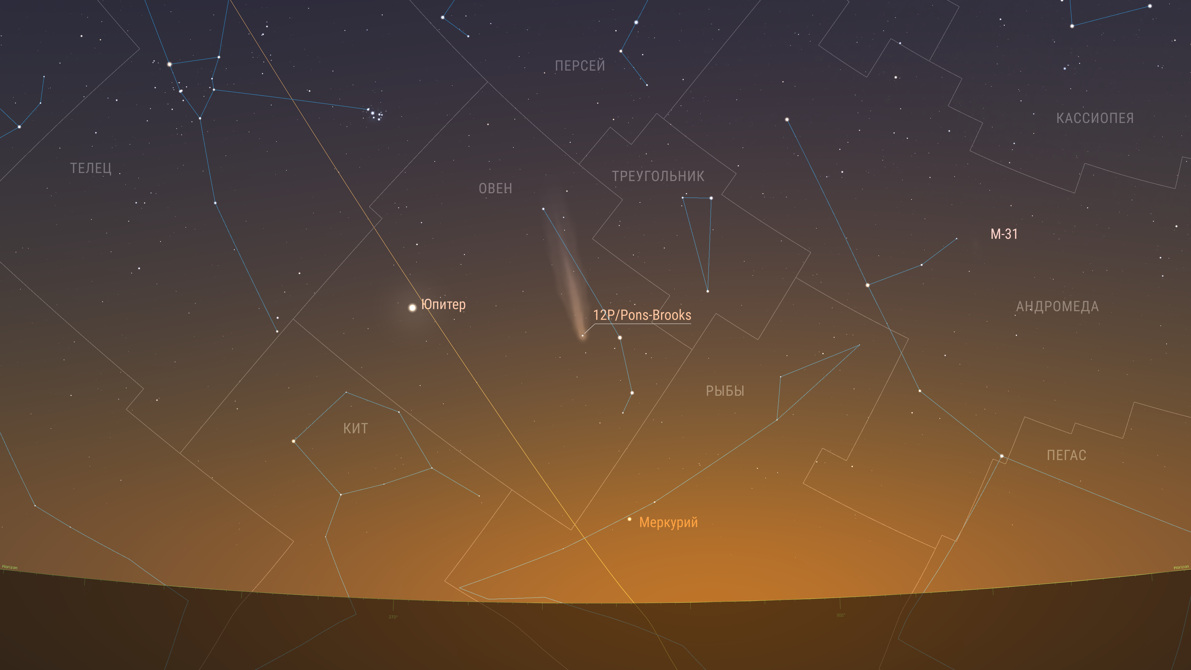 Комета движется по созвездию Овна. Ярких звёзд для ориентирования вблизи неё долгое время теперь не будет. Зато будет яркий Юпитер, который в свете вечерней зари будет единственным светилом, которое укажет Вам на комету. Предполагаемая звездная величина 4,18m. Элонгация 27 градусов.  