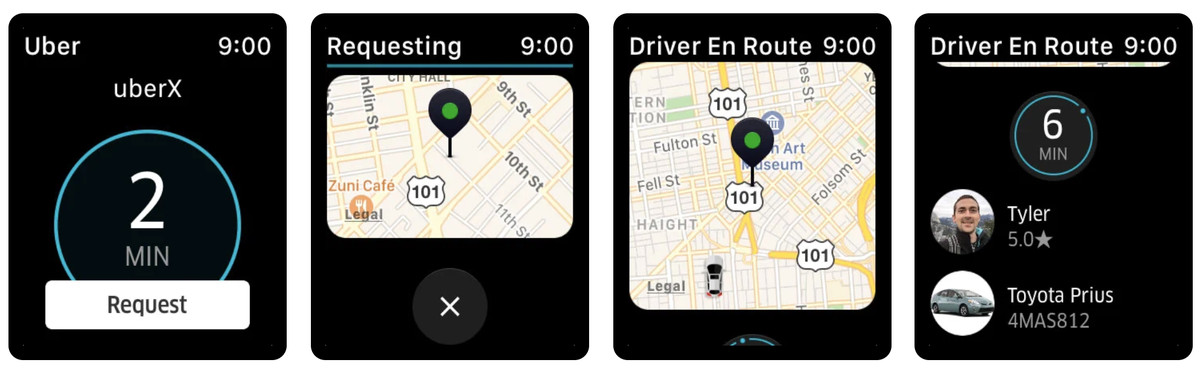 Скриншоты из приложения Uber для Apple Watch. Источник: The Verge