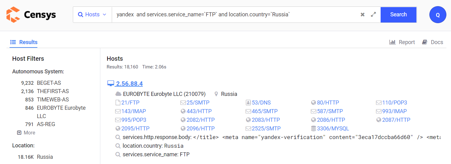 censys.io — поиск FTP-серверов в России со словом yandex в теле ответа