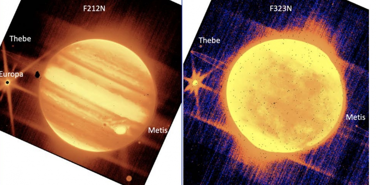 Слева: Юпитер через фильтр NIRCam Джеймса Уэбба 2,12 мкм, справа: Юпитер через фильтр NIRCam 3,23 мкм