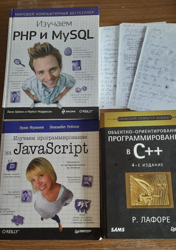 Книги, по которым я учился программированию. Учебник про C++ прочитал и даже немного практиковался в написании кода, но реальных проектов на этом языке не делал. Почему решал задачи на бумаге, не помню