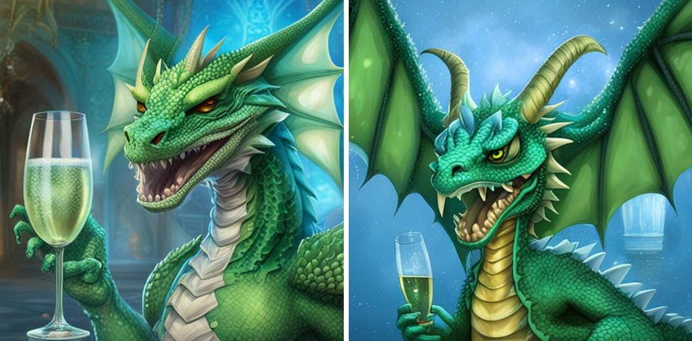 Слева – смеющийся зеленый дракон, широкая улыбка, большие голубые глаза, развернутые крылья, бокал шампанского в лапе, развернутые крылья, справа – laughing green dragon, wide smile, big blue eyes, spread wings, glass of champagne in paw   
