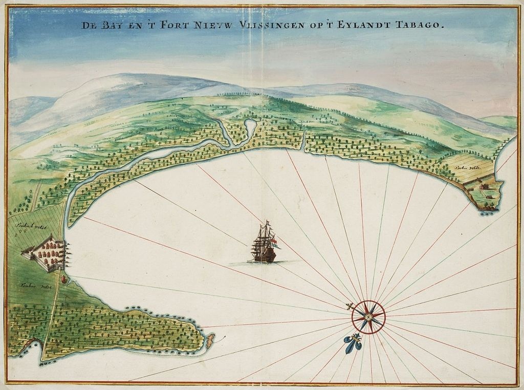 Голландский кораблик в бухте около форта Nievw Vlissingen, Тобаго, 1631 год