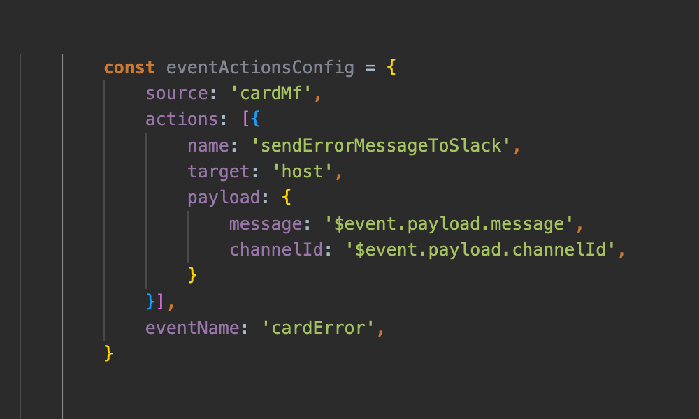 Получив событие cardError или procedureCriticalError, мы выполняем action sendErrorMessageToSlack, которое отправляет сообщение из параметра message в канал с ID channelId