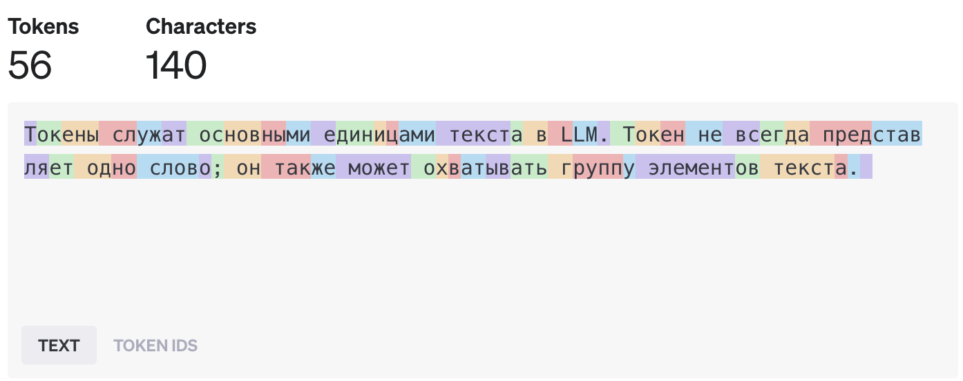 Выделенный текст соответствует токенам на русском, заметьте, что токенов больше, а символов меньше. ( Источник )
