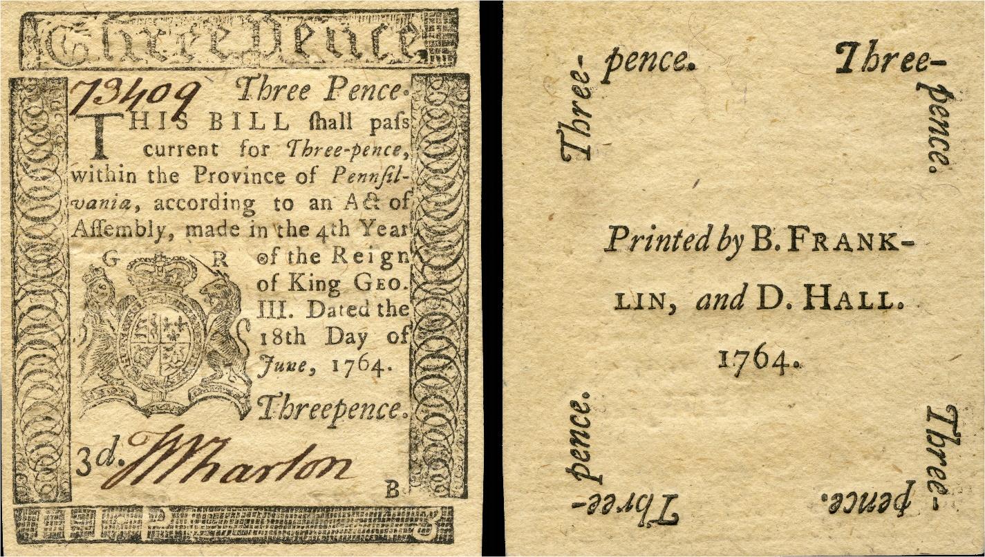 Колониальная банкнота, содержащая преднамеренную ошибку в названии штата «Pennsilvania» вместо «Pennsylvania»