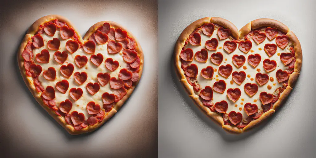 pepperoni pizza in the shape of a heart, hyperrealistic award-winning professional food photography— Пепперони более детализирован и имеет интересную текстуру, меньше лишних пепперони по краям, корочка выглядит более хрустящей