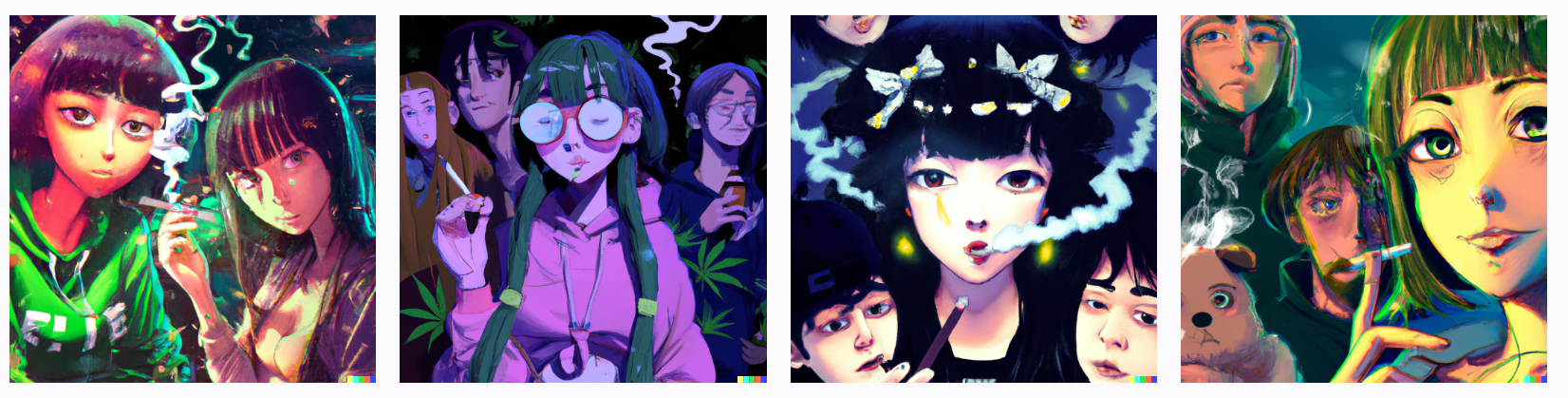 Anime woman smoking weed with some rappers, digital art