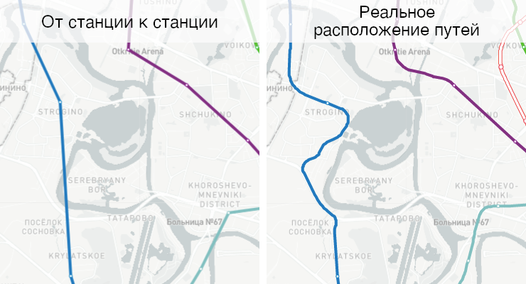 Тоннель от Крылатского до Строгино идет очень замысловатым образом: часть пути проходит по Серебряноборским тоннелям; также на этом перегоне планировалась станция Троице-Лыково.