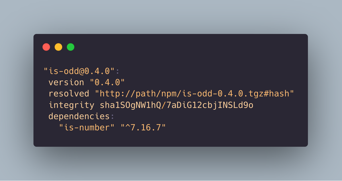В этом примере записи в yarn.lock указывается, что в проекте должен быть установлен пакет is-odd версии 0.4.0.