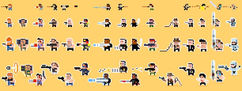 Пиксель-арт персонажей игры от 2-битного до финального 16-битного  