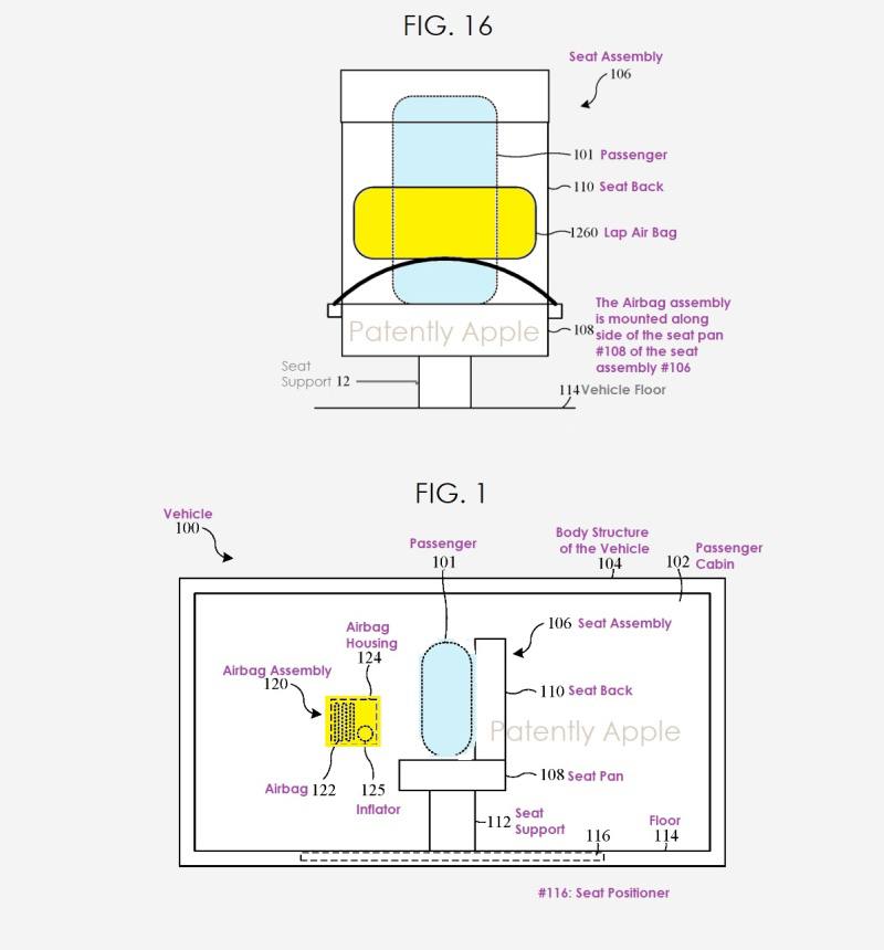 Патент Apple описывающий систему реагирования и установки подушек безопасности на пассажирском сидении в беспилотных автомобилях (© Patently Apple)