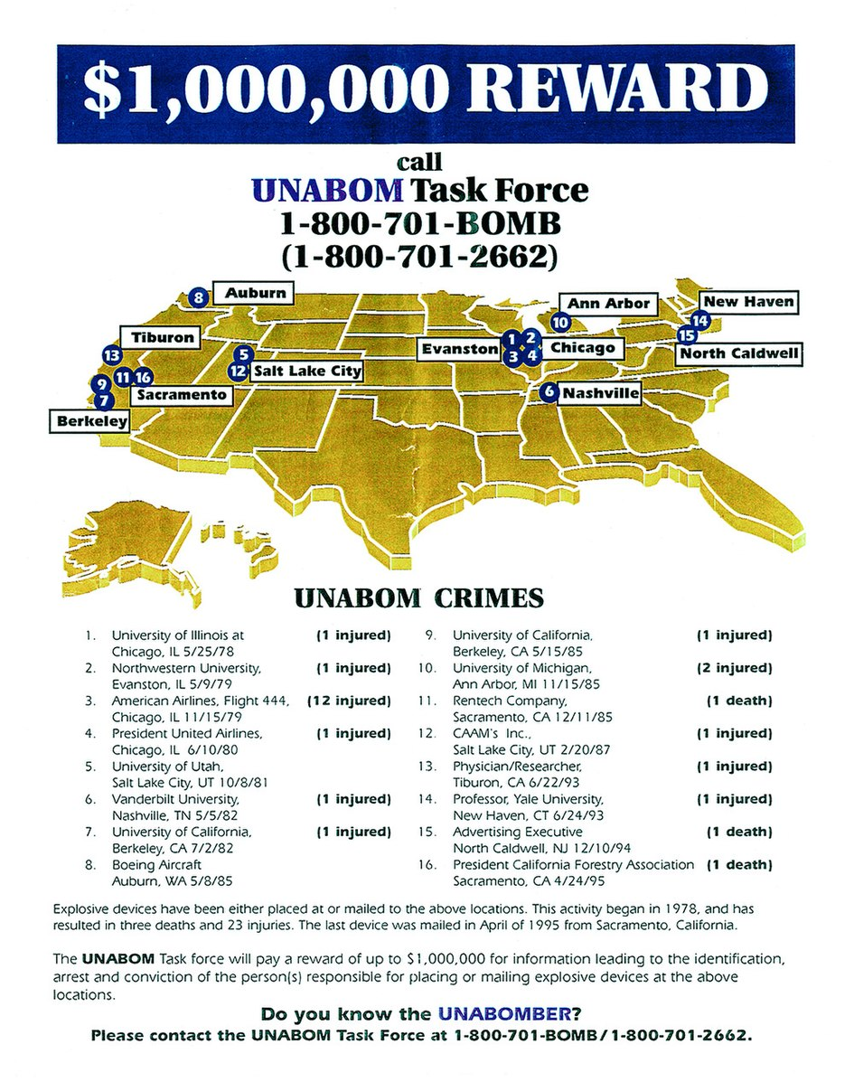 Плакат ФБР с обещанием награды за поимку Унабомбера