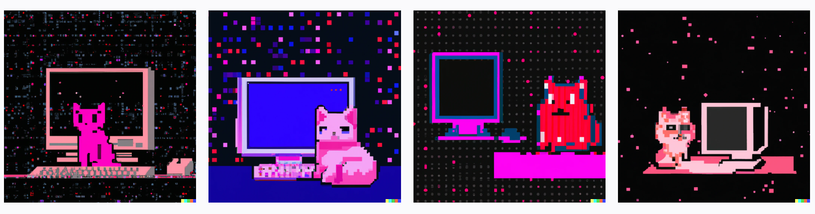 pink pixel cat sitting in front of computer, digital art, pixel art, galaxy background