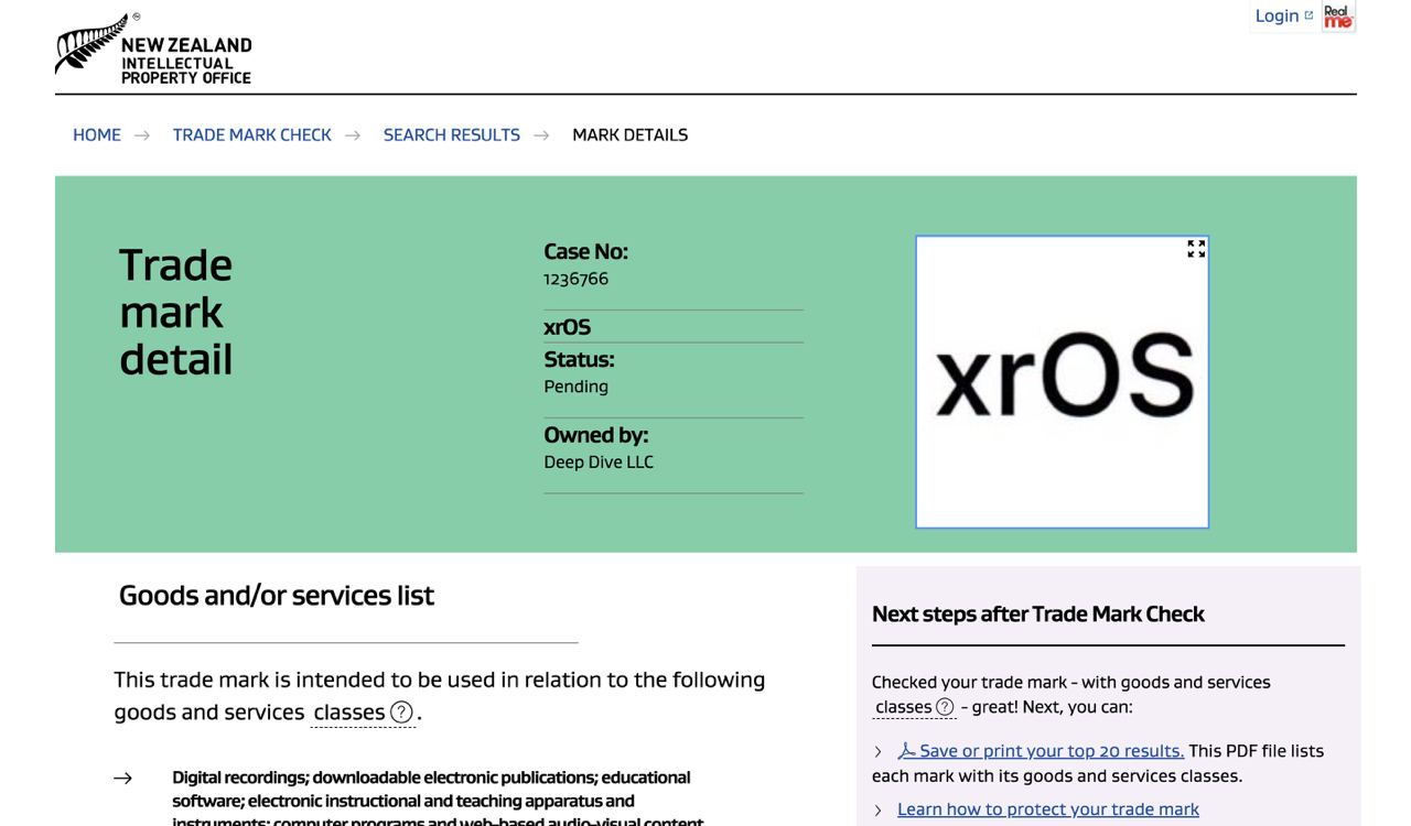 Патент на регистрацию торгового знака xrOS на территории Новой Зеландии. Логотип выполнен при помощи фирменного шрифта Apple San Francisco.