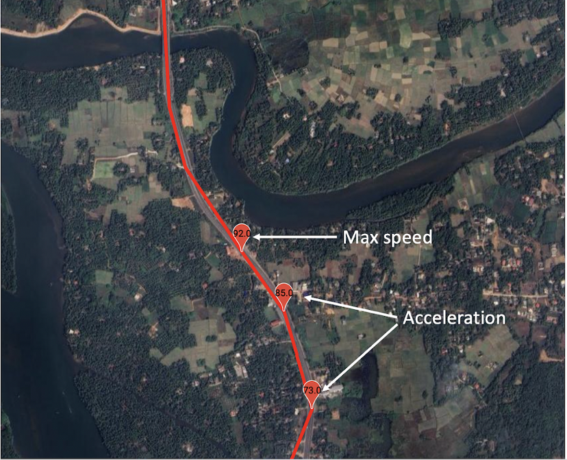 Маркеры перед максимальной скоростью (изображение создано автором с использованием Google Maps и Javascript)