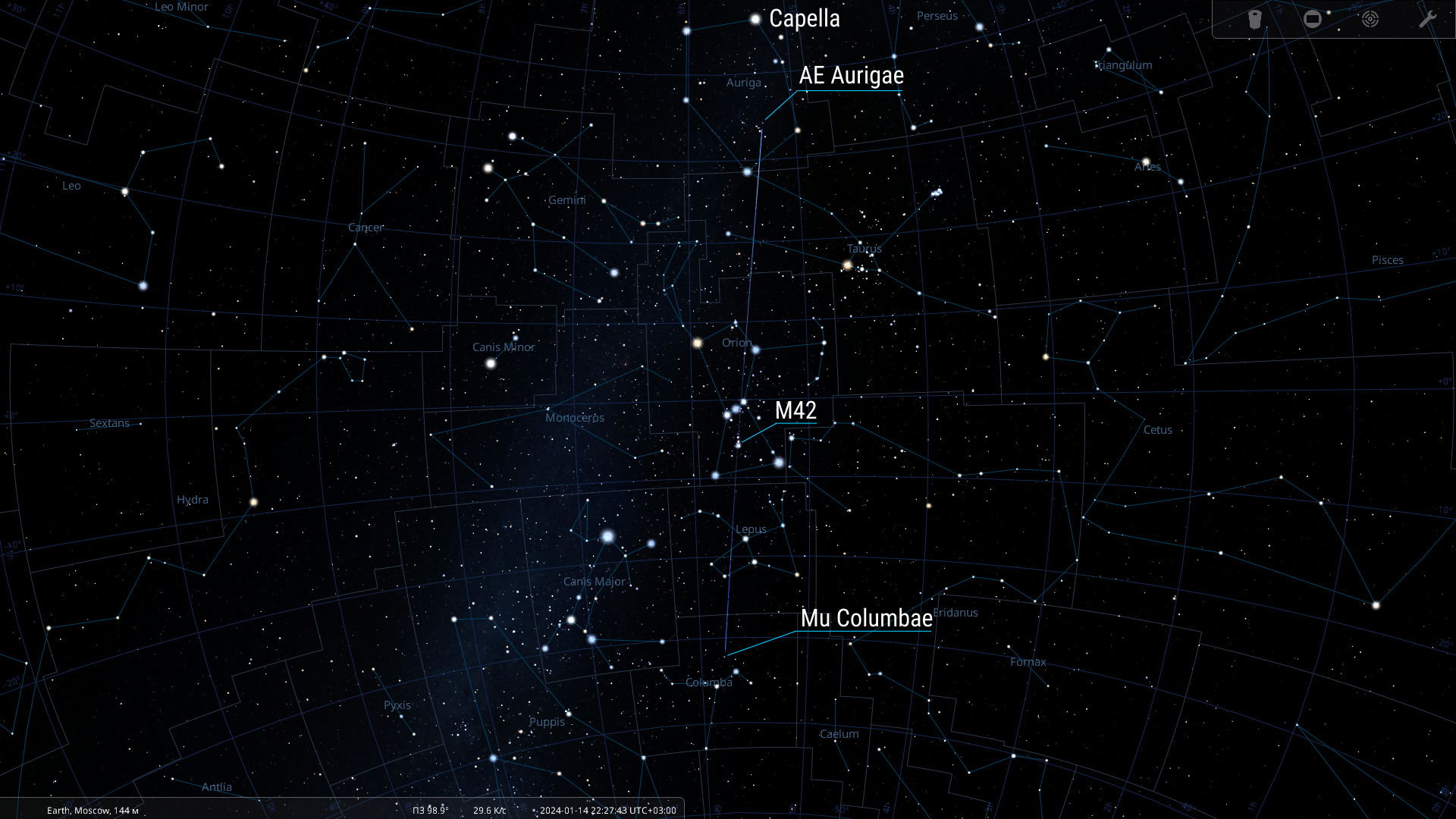 Расположение звезд AE Возничего, Мю Голубя и Туманности Ориона (M42) на карте неба  