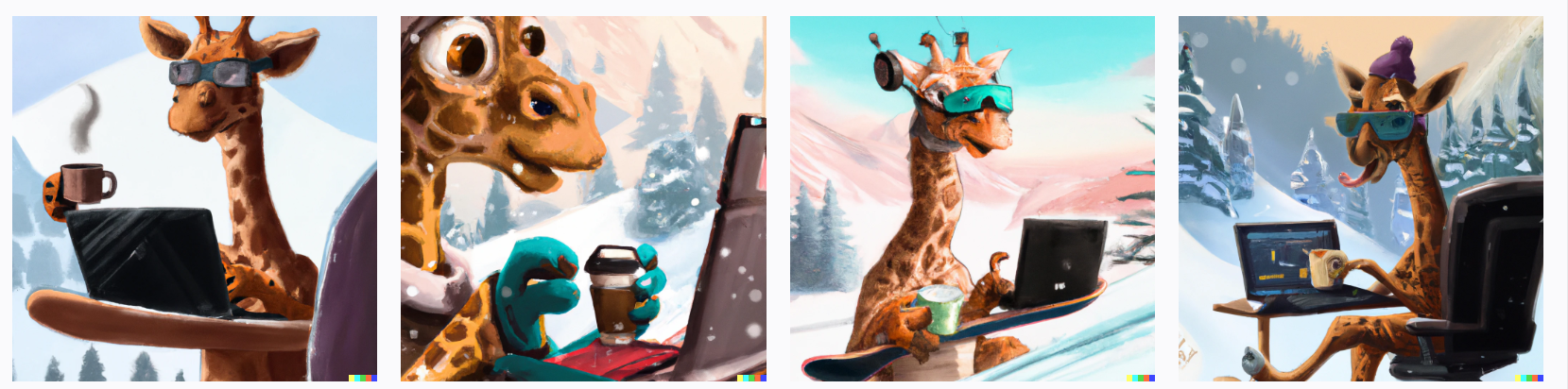 lynx snowboarding alps digital art or cute giraffe with coffee in front of laptop, digital art