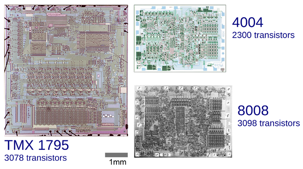 Сравнительные размеры кристаллов процессоров TMX 1795, 4004 и 8008 