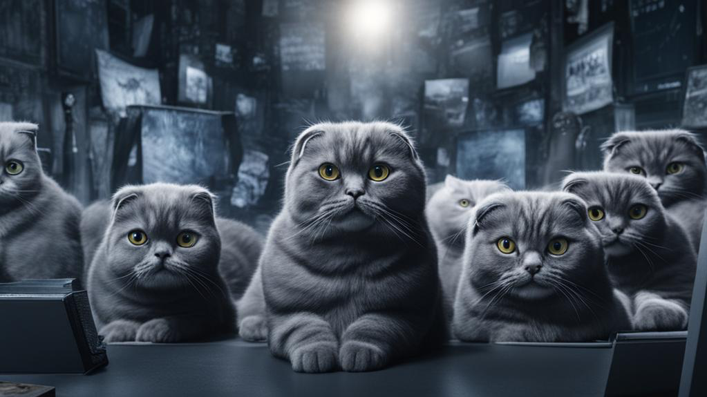 a lot of photorealistic scottish fold cats, cats programming, it cats, dark grey fur, fat cat ,movie poster, cinematic, HDR,cinematic lighting