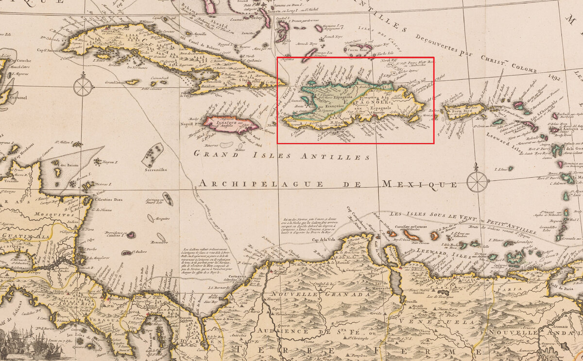 Обратите внимание на "деление" острова Эспаньола пополам. Карта Карибского региона, 1727 г., https://www.rijksmuseum.nl/