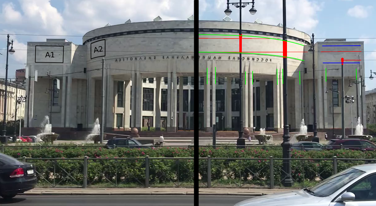 Российская национальная библиотека. Левее - исходное изображение с выделенными контурами, правее - изображение с разметкой.