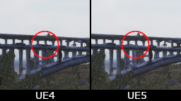 А здесь наоборот, машину на мосте видно в UE4, но не видно в UE5