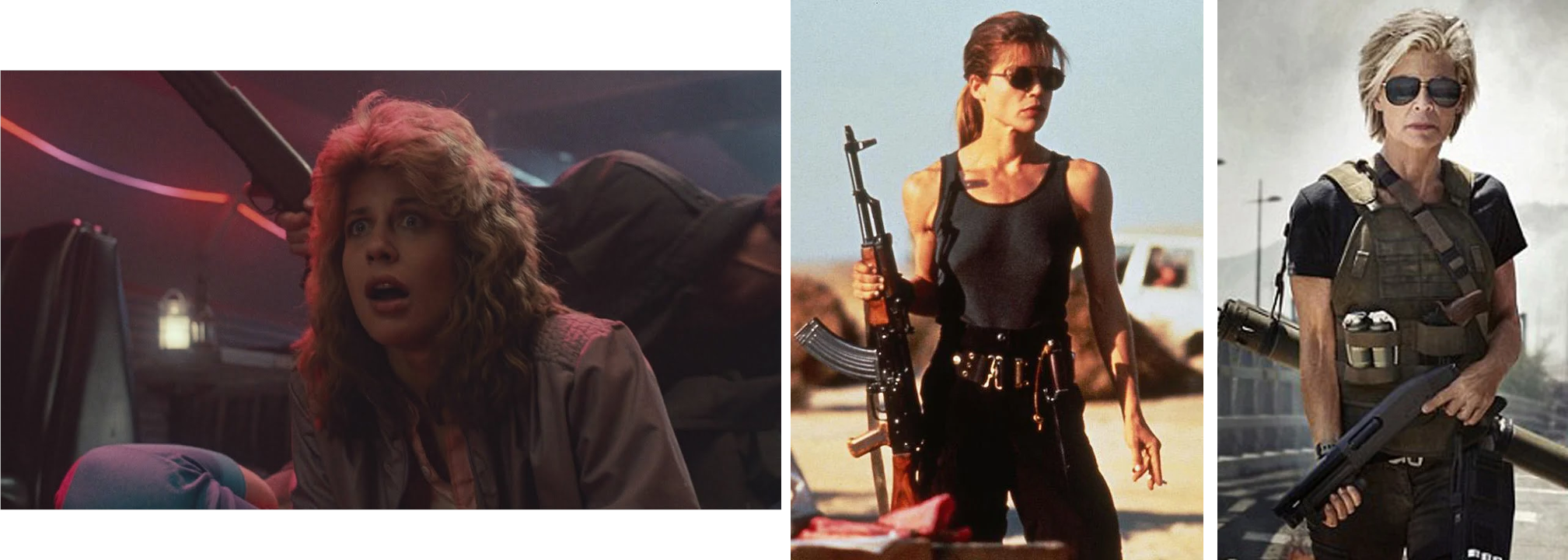 Слева на право: Сара Коннор в фильмах:: Терминатор; Терминатор 2; Терминатор 6.