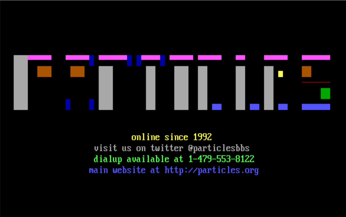 Приветственная страница ANSI доски объявлений Брайана Грина “Particles”, которой он управляет с 1992 года  