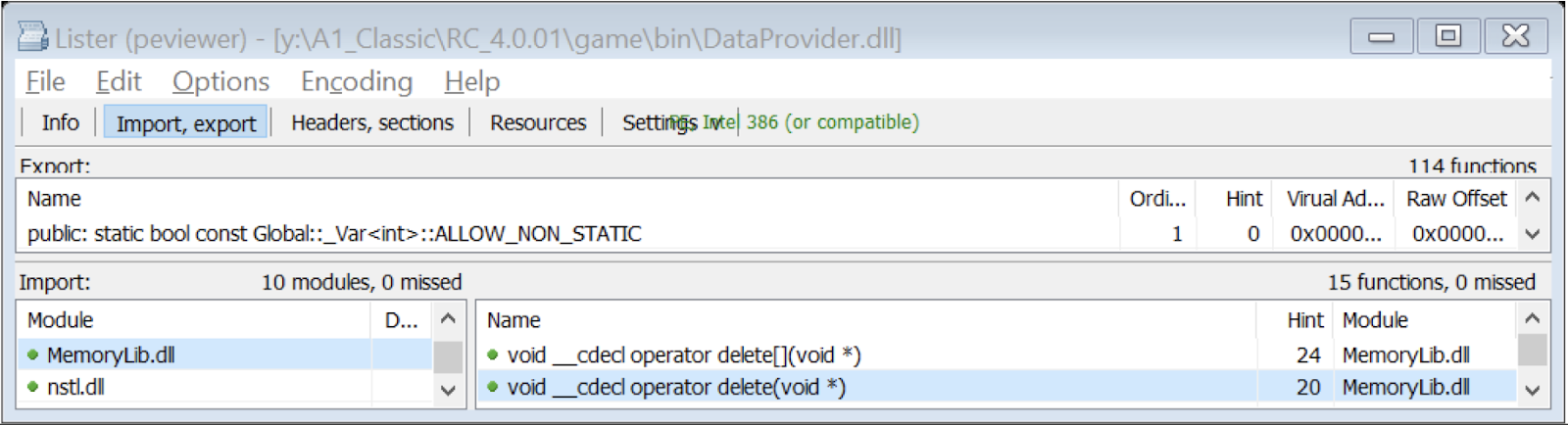 Раздел импорта библиотеки DataProvider.dll (Visual C++ 2010, Release)