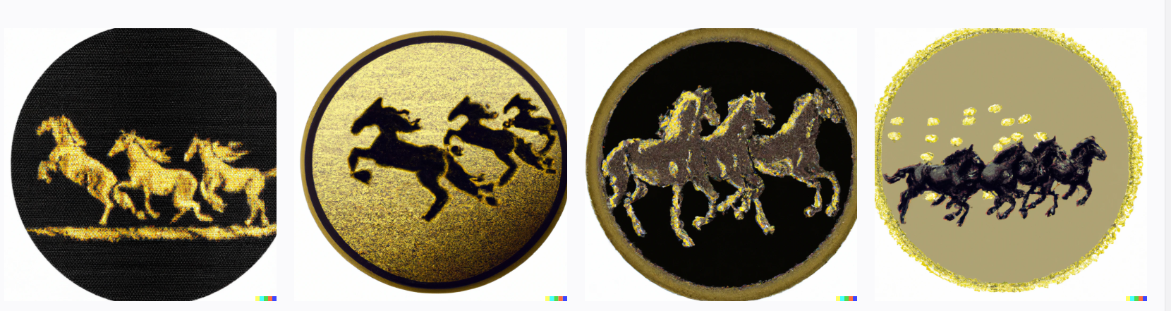 Running black horses stamped on golden golden circle coin, digital art, pixel art