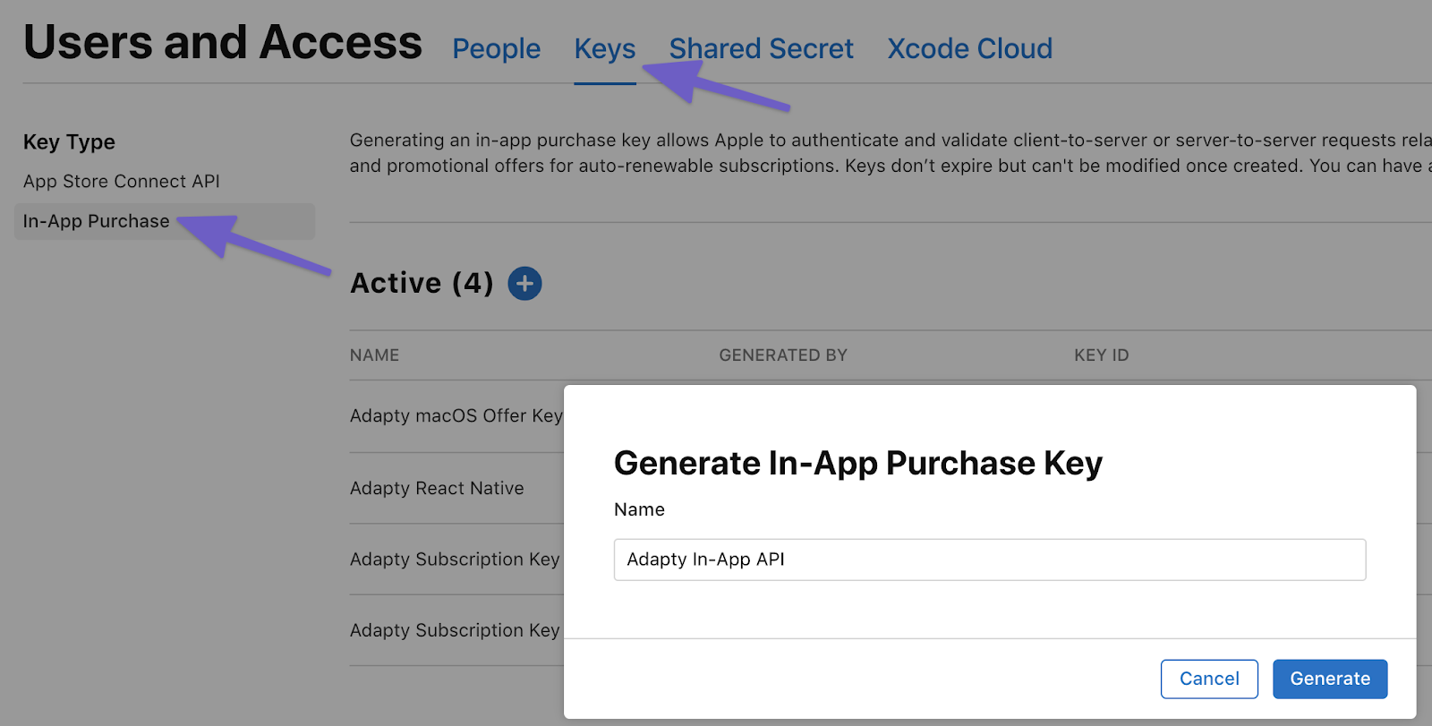 Создание приватного ключа для работы с App Store Server API