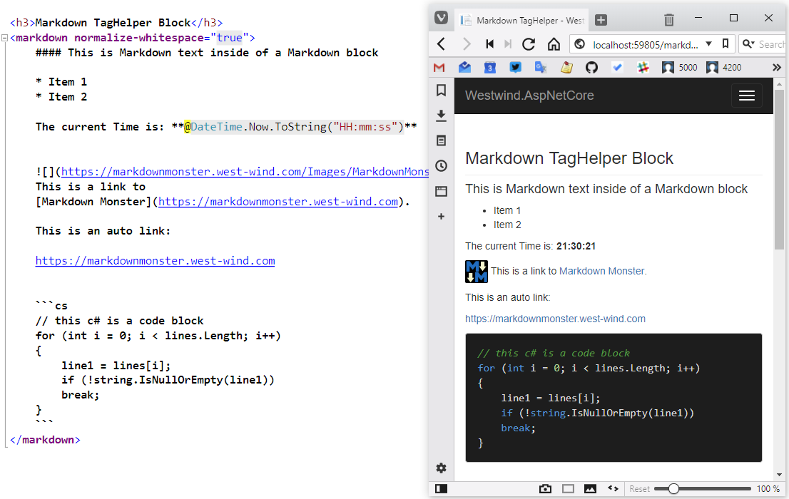 Рисунок 1 : Вывод TagHelper’а Markdown, отображаемый в стандартных шаблонах ASP.NET Core