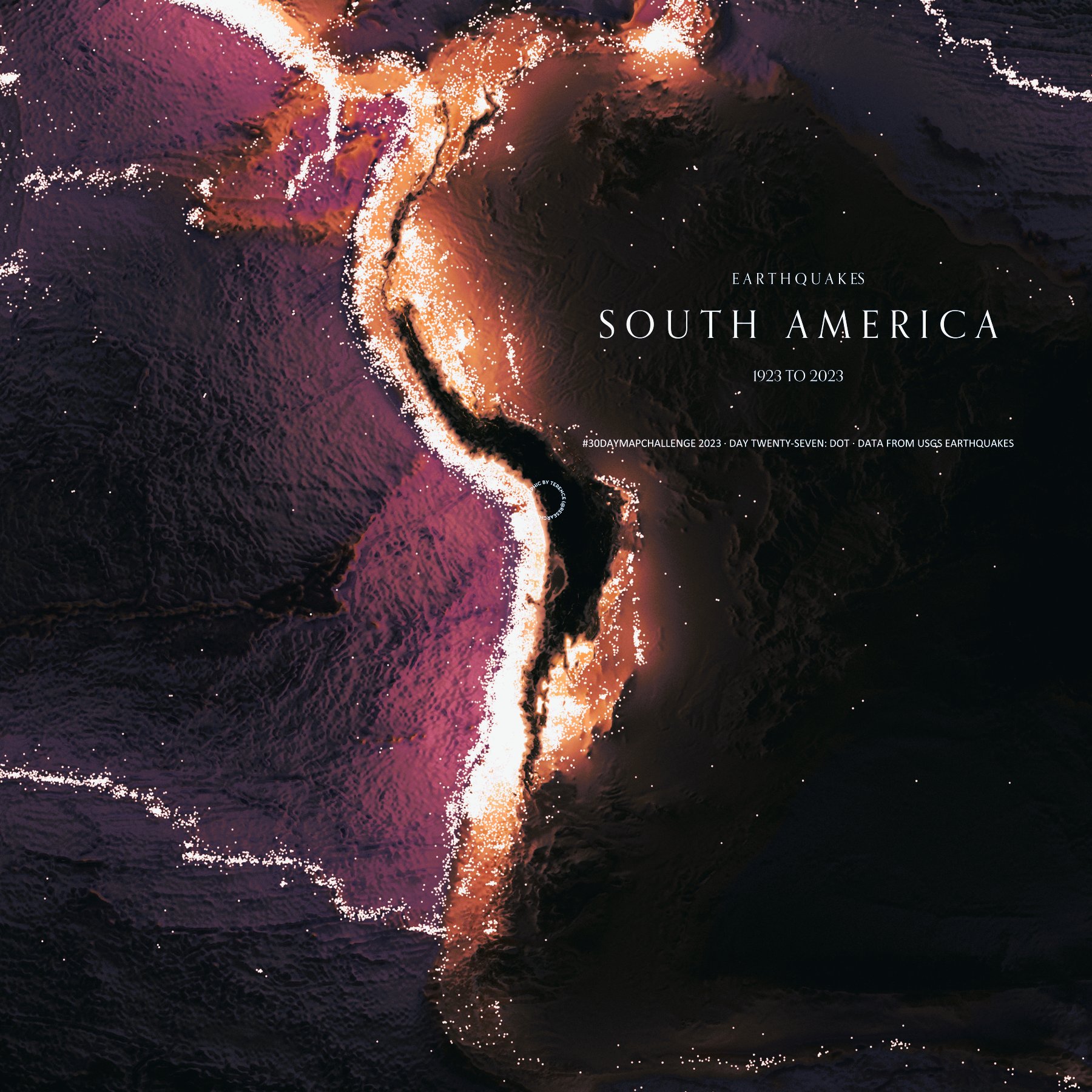 Карта землетрясений в Южной Америке.Автор — tterence