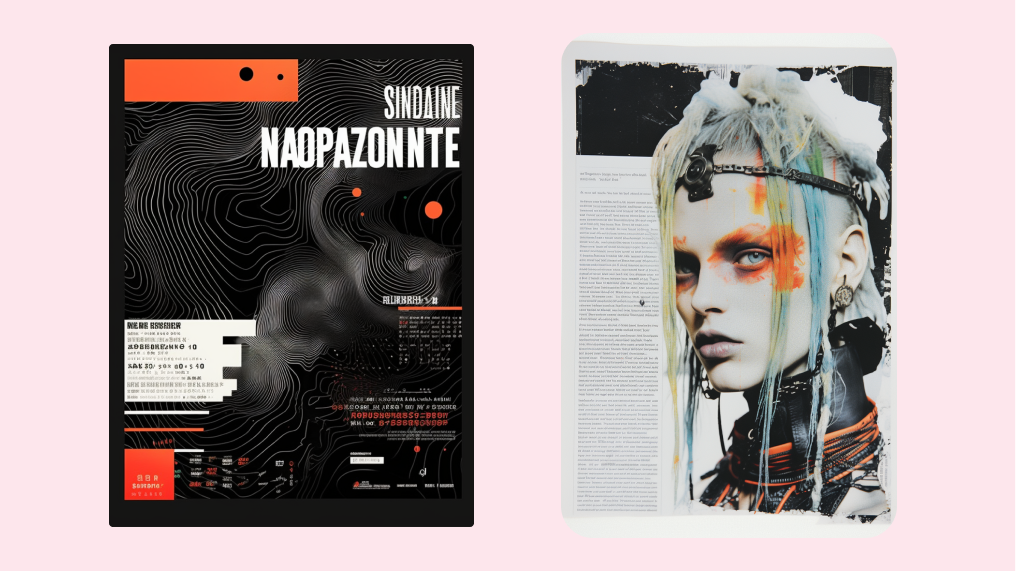 Prompt 1: a typographic poster, layout design,print design, experimental. Prompt 2: full page scan of a runepunk fashion editorial photo, subtle greebled ink edges, print texture, chromatic aberration, photocopy art, experimental digital, minimalist zine art  