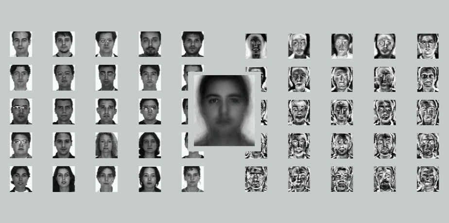 Первоначальные 25 фотографий (слева), усредненное лицо на основе этих фотографий (середина), изображения с отличиями каждого лица (справа)