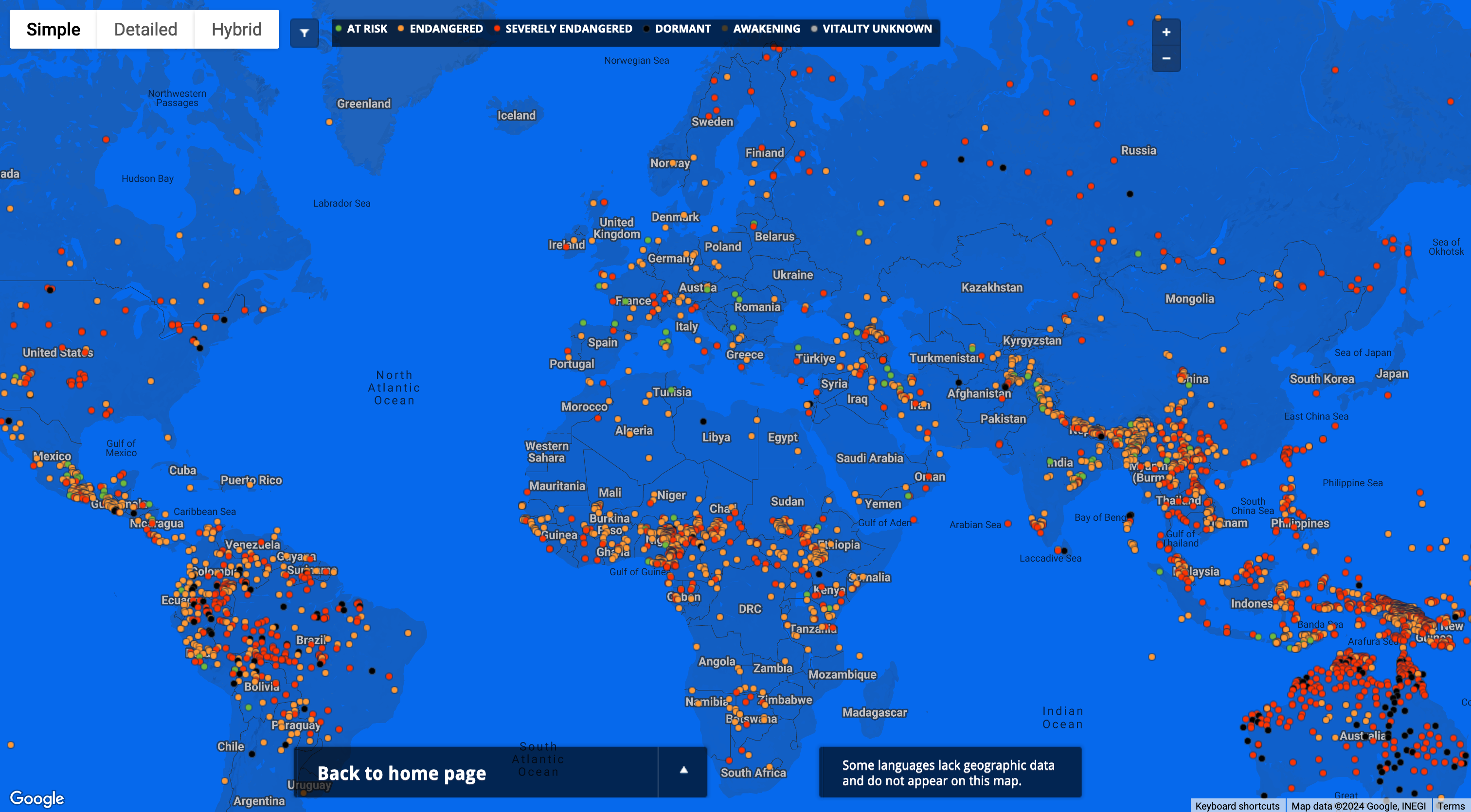Карта языков, которым угрожает исчезновение© The Endangered Languages Project